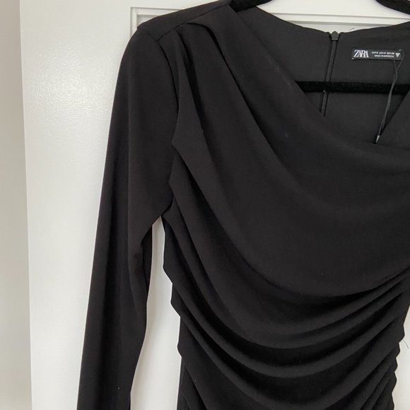 Zara Draped Wrap Mini-Dress Small Black V-neck Cinched Long Sleeves - Picture 6 of 10